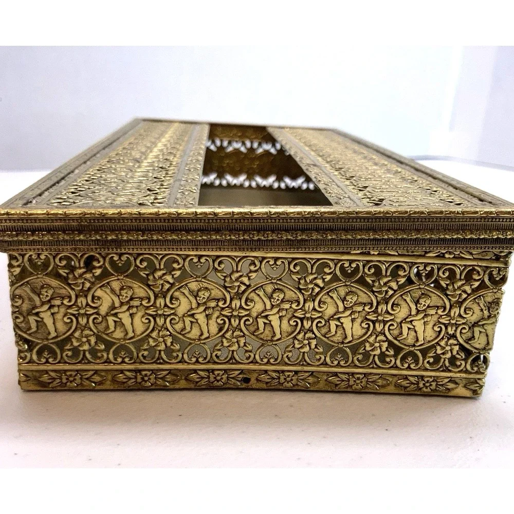 Vintage MCM Gold Tone‎ Brass Tissue Box Filigree Holder Ornate Hollywood Regency